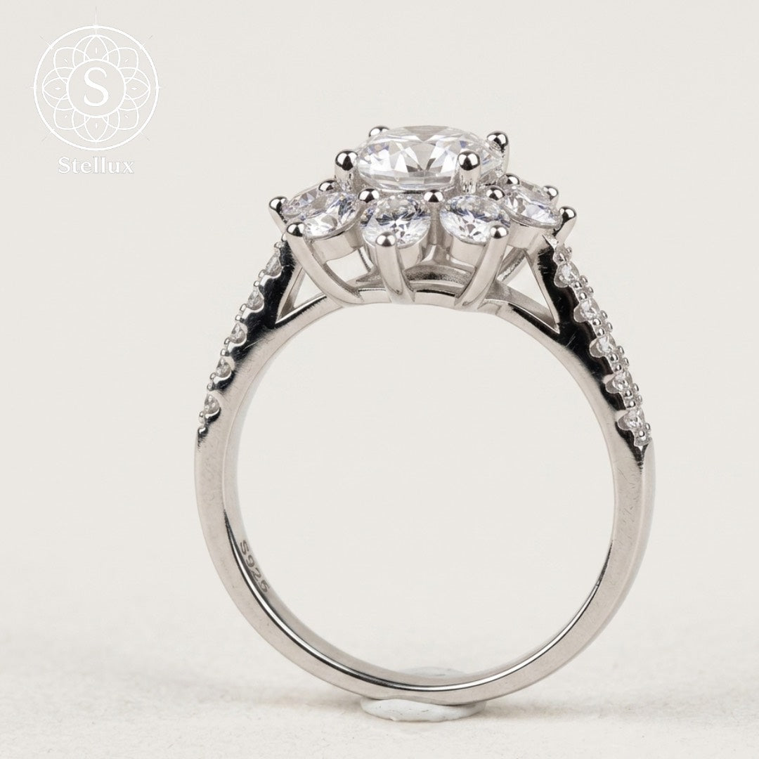 モアサナイト×シルバー925 プリンセスフローラルリング｜1ct・プラチナコーティング